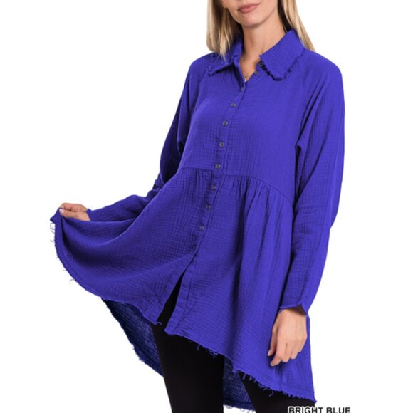 NWT ZENANA DOUBLE GAUZE RAW EDGE SHIRT WITH POCKETS - Picture 2 of 2
